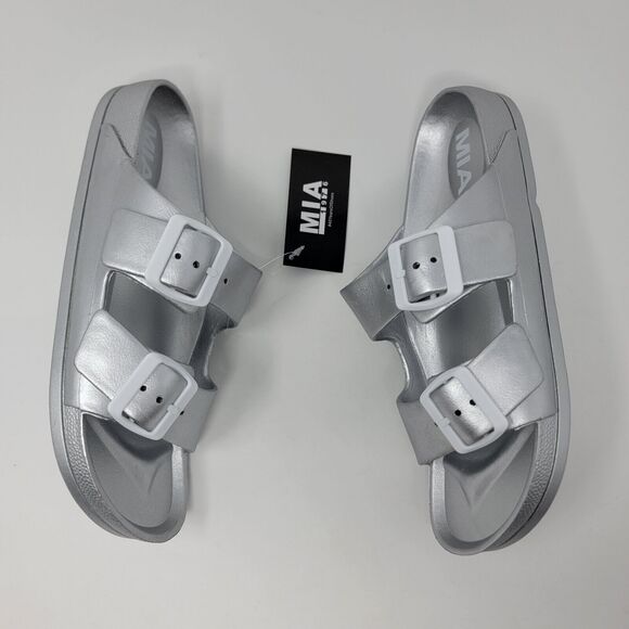 MIA Toulon Sandals Women’s 7 Slip On Two Buckle Comfort Shoe Silver - Picture 9 of 12
